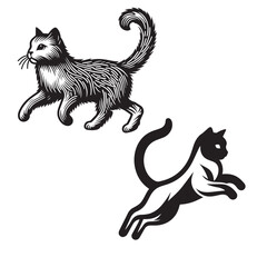 Illustration of a cute cat, painted and contour, cat, outline, line, kitten, silhouette, vector, illustration, logo, abstract, pattern, white, set, black, contour, sketch, icon, isolated, minimalist,
