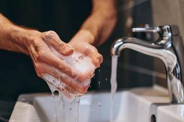 man washing his hands with soap in the bathroom