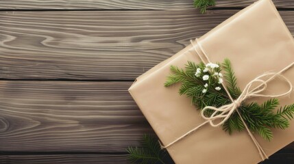 On a wooden table, a gift is elegantly wrapped in brown paper and secured with twine, copy space for personal messages or festive greetings, a rustic and charming presentation