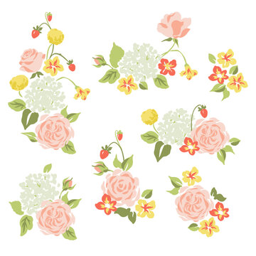 Vector clip art set of floral arrangements, bouquets with roses, hydrangea and strawberries