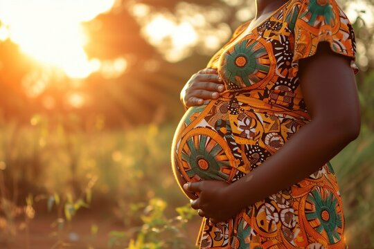 pregnant african woman caressing her abdomen