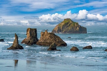 View of seastacks on  Bandon beach on the Oregon coast, they include Fack Rock, Wizards Hat and...