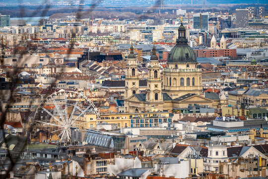St. Stephen's Basilica and Budapest Eye visible from Geller Hill in the city of Budapest, Hungary
