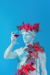 A statue of a woman holding a glass of wine In a vibrant pop art style, a statue of an ancient god...