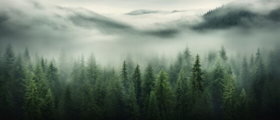 Panoramic view of foggy forest in the mountains at sunrise