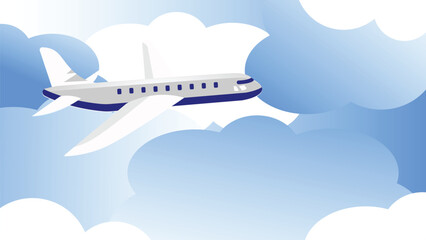 Flight of the plane in the sky. Passenger planes, airplane, aircraft, flight, clouds, sky, sunny weather. Color flat icons. Vector illustration
