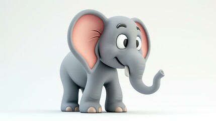 An adorable 3D elephant with its playful trunk raised, exuding cuteness and charm, placed on a pristine white background, perfect for any project needing a touch of whimsy.
