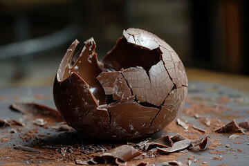 close up image of a broken chocolate easter egg Generative AI