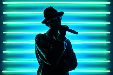 Rapper silhouette in front of blue neontubes background. - obrazy, fototapety, plakaty