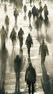 Monochrome image of blurred crowd movement, suitable for concepts of urban life and social dynamics in posters or reports