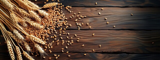 ears of wheat and grain on dark wooden background - obrazy, fototapety, plakaty