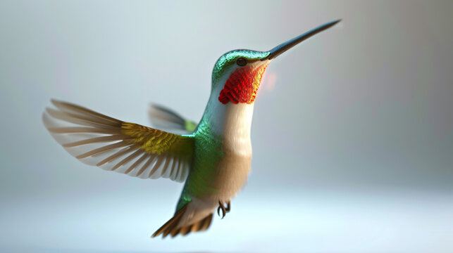 A delightful 3D rendition of a cute hummingbird, easily standing out on a pristine white background. With its vibrant colors and intricate details, this whimsical image will add a touch of e