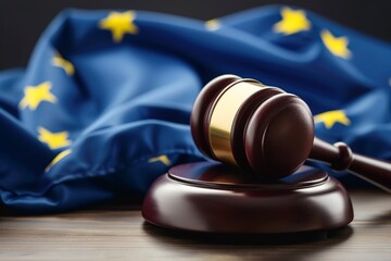 wooden judge's gavel and the flag of the European Union - obrazy, fototapety, plakaty