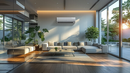 Air Conditioner indoor, turned on, full image of AC unit hanging on the wall under the ceiling, close-up of residential Air Conditioner