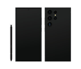 Black version of a smartphone similar to Samsung Galaxy S24 Ultra with front and back view and S-Pen