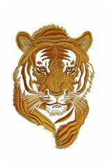 A drawing of a tiger's face in gold, embroidery on white background
