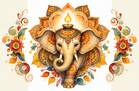 Elephant with floral patterns and diya lamp. Watercolor illustration. Holiday and cultural concept. Image for festive poster, greeting card, postcard or invitation template. 