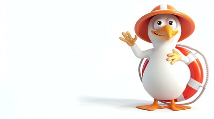 A delightful 3D render of an adorable seagull dedicatedly serving as a lifeguard, ready to rescue anyone in distress. This charming image showcases the seagull's vibrant colors and joyful ex