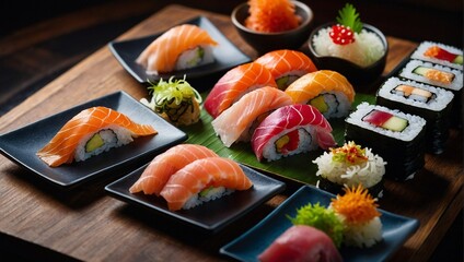 The vibrant colors of fresh sashimi, intricate patterns of sushi rolls, and delicate textures of tempura.