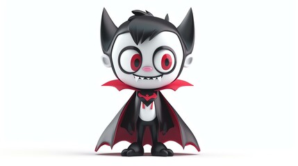 A charming 3D illustration of a cute vampire with adorable fangs and a mischievous grin, set against a clean white background. Perfect for Halloween-themed designs or whimsical projects.