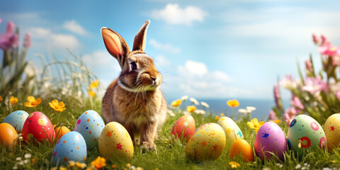 cute easter bunny rabbit with colorful painted eggs on green meadow with flowers blue sky background. seasonal holiday concept. - 741915367