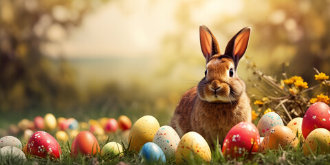 cute easter bunny rabbit with colorful painted eggs on green meadow with flowers springtime background. seasonal holiday concept. - 741915374