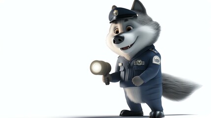 Adorable 3D wolf security guard, wearing a sharp uniform and equipped with a flashlight, ready to protect. A unique and engaging image for all your security-related projects.