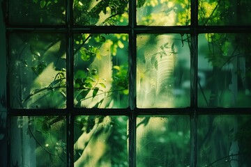 green plants and sunlight visible through an old factory window