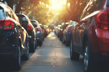 A row of cars parked in the neighborhood - obrazy, fototapety, plakaty