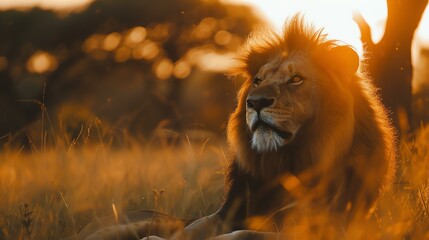 Captivating golden-hour image of a regal lion in the wild, basking in the soft glow of the setting sun. Its majestic presence and stunning fur are beautifully highlighted in this awe-inspiri - obrazy, fototapety, plakaty