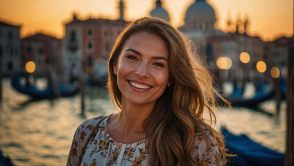 Bella donna in vacanza in Italia a Venezia posa per una foto al tramonto vicino ad un canale - obrazy, fototapety, plakaty
