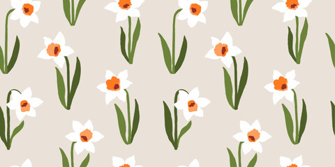 Modern seamless pattern with daffodil flowers. Hand-drawn spring flowers