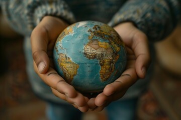 hands holding a sphere with the world map
