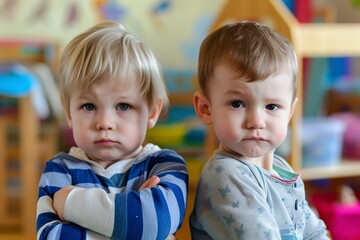 Obraz premium two little children in kindergarten posing in front of the camera