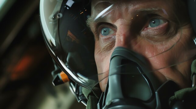 Brave jet fighter pilot wearing helmet and oxygen mask, ready for action in the skies. The intensity in their eyes reflects their unwavering focus and determination.