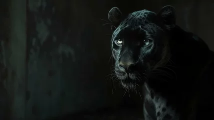 Raamstickers Enigmatic black panther lurking in captivating shadows, its fierce gaze piercing through darkness. © Factory