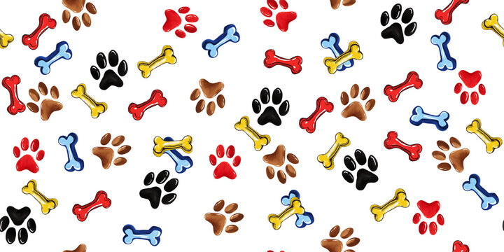 Seamless pattern of dog tracks and bones on a white background