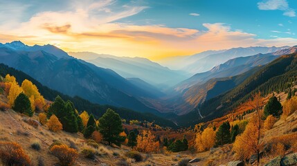 A breathtaking panoramic view captures the majestic beauty of a mountain range during the enchanting autumn season. Vibrant foliage, painted in hues of red, orange, and gold, adds a stunning