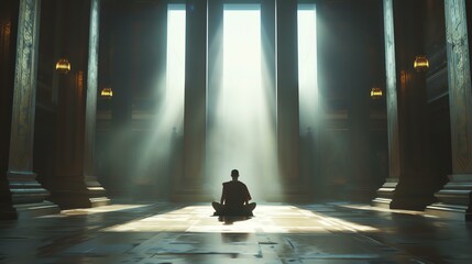 Serene monk meditates in historic temple as sunlight bathes the room, evoking a deeply spiritual ambiance. - obrazy, fototapety, plakaty