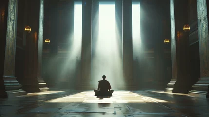 Poster Serene monk meditates in historic temple as sunlight bathes the room, evoking a deeply spiritual ambiance. © Factory