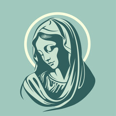 Our Lady Virgin Mary Mother of Jesus, Holy Mary, madonna, vector illustration, turquoise background, printable, suitable for logo, sign, tattoo, laser cutting, sticker and other print on demand