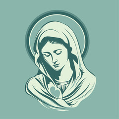 Our Lady Virgin Mary Mother of Jesus, Holy Mary, madonna, vector illustration, turquoise background, printable, suitable for logo, sign, tattoo, laser cutting, sticker and other print on demand