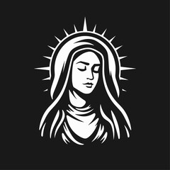 Our Lady Virgin Mary Mother of Jesus, Holy Mary, madonna, vector illustration, black and white, printable, suitable for logo, sign, tattoo, laser cutting, sticker and other print on demand
