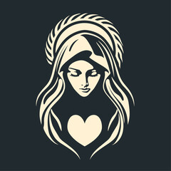 Our Lady Virgin Mary Mother of Jesus, Holy Mary, madonna, vector illustration, black and white,  with heart,printable, suitable for logo, sign, tattoo, laser cutting, sticker and other print on demand