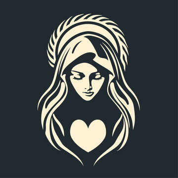 recommend clip art: Our Lady Virgin Mary Mother of Jesus, Holy Mary, madonna, vector illustration, black and white,  with heart,printable, suitable for logo, sign, tattoo, laser cutting, sticker and other print on demand