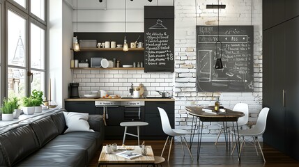 A stylish and contemporary kitchen featuring a trendy chalkboard wall and sleek white brick accents. Perfect for those seeking a modern and creative space to cook and entertain. - obrazy, fototapety, plakaty