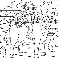 Cowboy Riding a Cattle Coloring Page for Kids