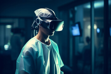 A medical professional surgeon wearing virtual reality headset in an operating theatre - obrazy, fototapety, plakaty