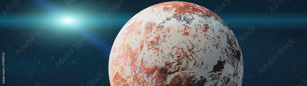 Poster red fiction maars planet with atmosphere in outer space. ultrawide 3d render illustration elements o