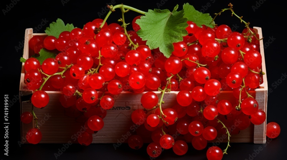 Poster a box packed with vibrant red currants, close-up realistic photo generative ai